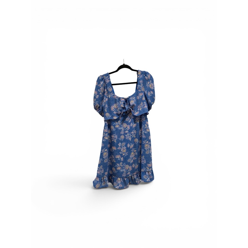 Sienna Sky Blue Floral Smocked Mini Dress Puff Sleeve Tie Front Ruffle Hem‎ M